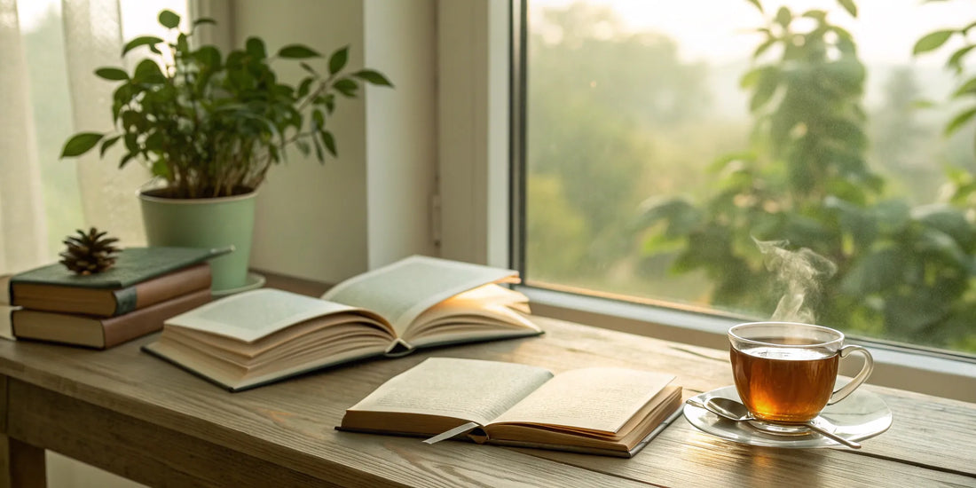 Open books on a desk, a calm setting for adults using brain vitamins for studying.