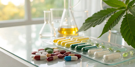 A variety of supplement capsules and tablets for mitochondrial support with a green leaf.