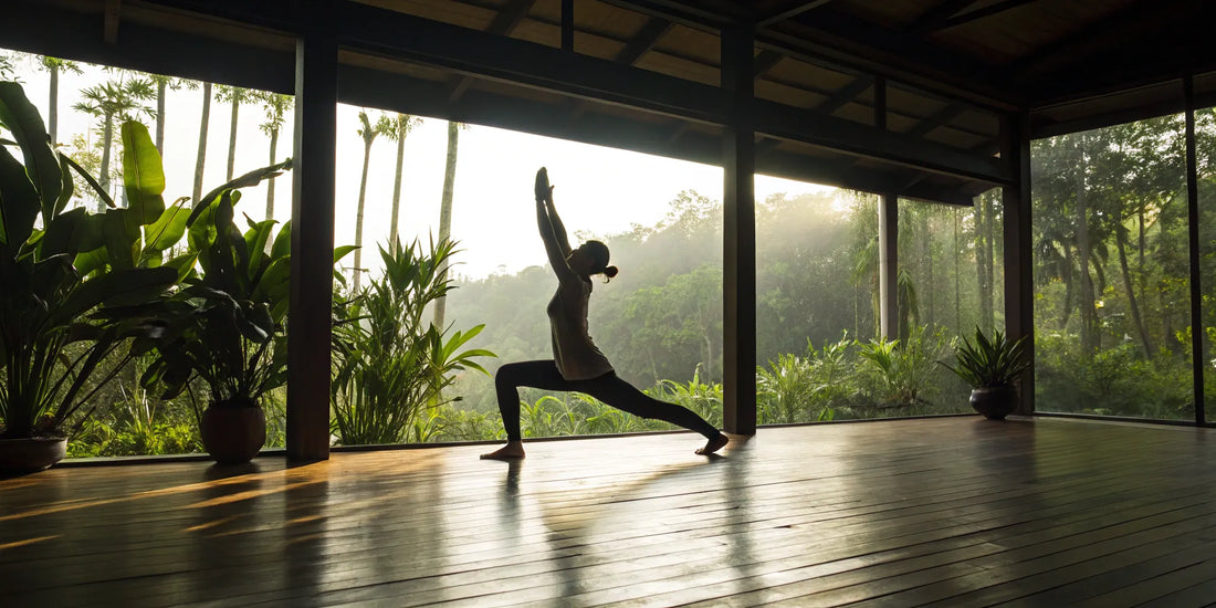 A woman doing a deep yoga stretch, supported by supplements for flexibility.