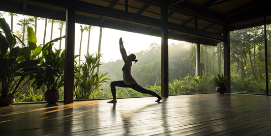 A woman doing a deep yoga stretch, supported by supplements for flexibility.