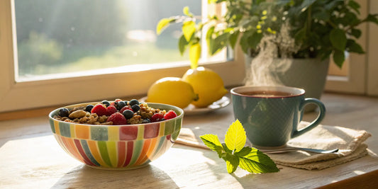 A healthy breakfast of granola and berries to naturally boost NAD levels.