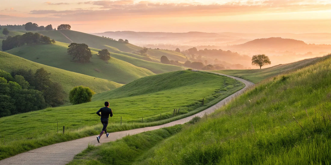 A man jogging on a green trail at sunrise, energized by the benefits of NAD+ nicotinamide riboside.