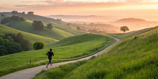 A man jogging on a green trail at sunrise, energized by the benefits of NAD+ nicotinamide riboside.