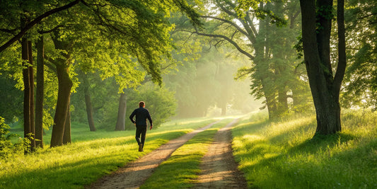 Man walking on a forest path, supporting his joint health with supplements.