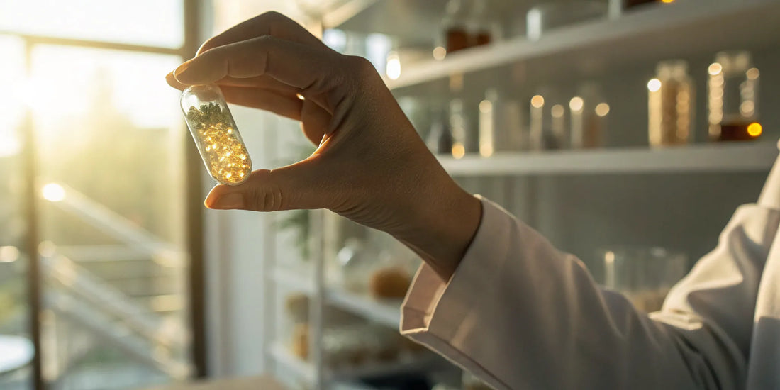 A hand holding a supplement capsule for cartilage repair.