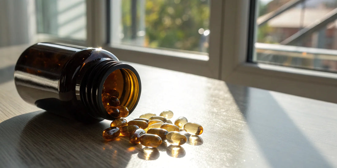 Chondroitin supplement capsules spilling from a bottle.