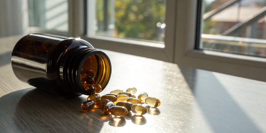 Chondroitin supplement capsules spilling from a bottle.