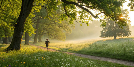 Man jogging on a trail to improve mitochondrial health and energy.