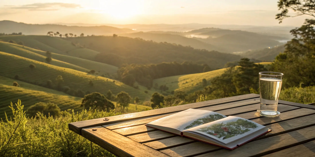 A peaceful morning routine overlooking green hills, part of a lifestyle plan on how to increase NAD+ levels.