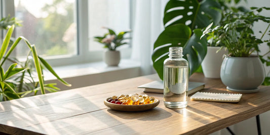Supplements and a glass of water on a table to boost NAD+ levels for healthy aging.