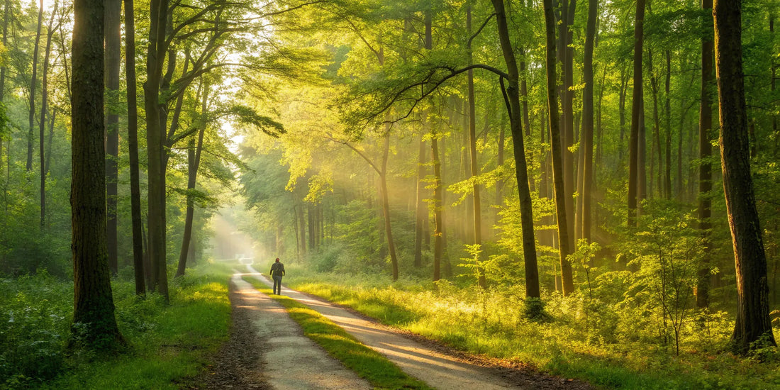 A person on a sunlit forest trail taking steps to increase NAD+ naturally.