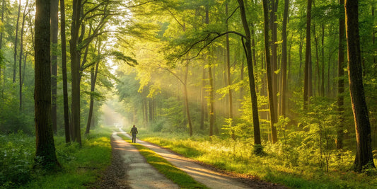A person on a sunlit forest trail taking steps to increase NAD+ naturally.