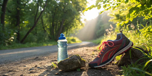 A running shoe and water bottle on a trail, essential gear for how to protect joints when running.