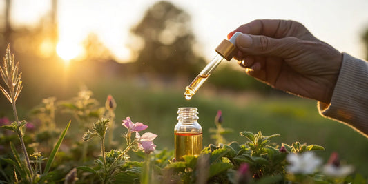 Hand holding a dropper of golden liposomal NAD+ resveratrol, a supplement for better aging.