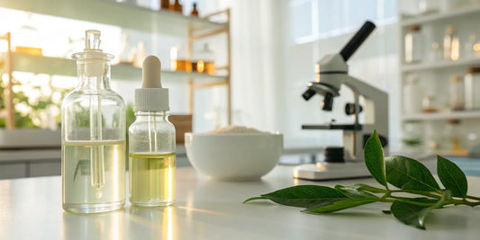 Scientific research into the benefits of liposomal NMN, shown with a microscope and supplement bottles.