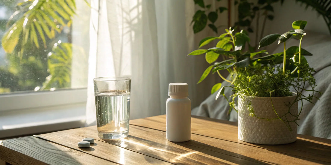 A bottle of NAD+ supplement with tablets on a table for anti-aging.