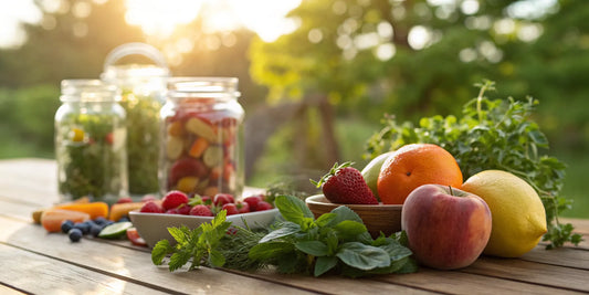 Fruits, berries, and herbs containing natural ingredients for cellular repair supplements.