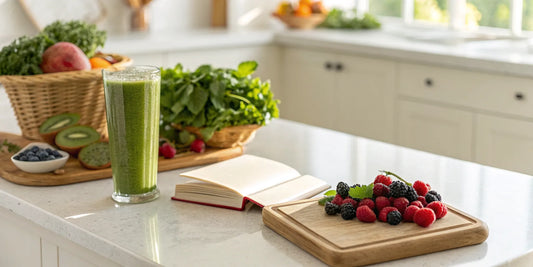 Fresh berries, leafy greens, and a green smoothie providing vitamins for cell repair.