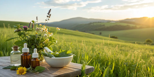 A variety of herbal supplements and tinctures for reducing inflammation on a wooden table.